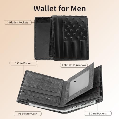Image of Mens Rodeo Short Wallet Western RFID-Blocking Bifold Leather Wallet with ID Window - Full Grain Leather Wallets Unique Gift for Men, 01-Black