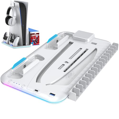Image of Sounce Dock5 RGB PS5 Cooling Stand with Dual Controller Charging Station - All-in-One Vertical Stand for PS5 Disc & Digital Edition with RGB Lighting, Headset Holder, 6 Game Slots (Pink)