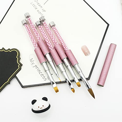5PCS Nail Art Brushes Set for Gel Nail with Lid and Pearl Handle LEA-SHALL Liner/Acrylic/Flat/Round/Angled UV Builder Nail Painting Pen Kit Fine Brush DIY Decoration Home Salon Design Rose Red - Image 3