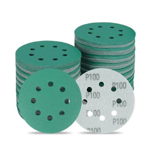 Image of 5 Inch 8 Hole 100 Grit Zirconia Alumina Hook & Loop Sanding Discs, Heavy-Duty Polyester Film Backing, Wet /Dry Sandpaper for Random Orbital Sanders - Wood, Automotive, Metal - 50 Pack