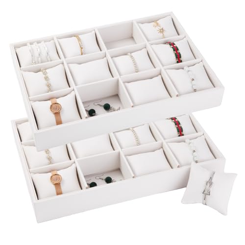 Polmart Stackable 12-Grid Jewelry Tray with Pillow, White Leatherette (2-Pack)
