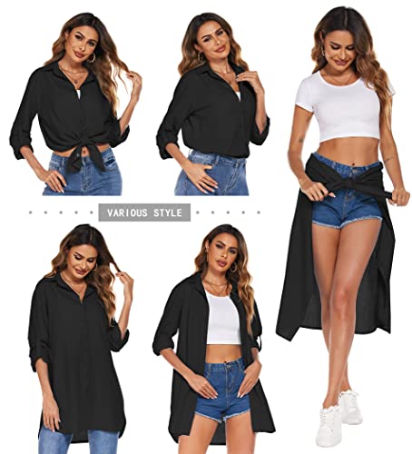 Image of HOTOUCH Women Boyfriend Shirts Button Down Long Sleeve Blouse Cuffed Sleeve Collared Shirt