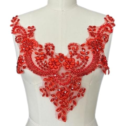 Succi Shan Lace Flower Beads Pearl Patches,Sew on Rhinestones Appliques for Dress Clothing Neckline (Red) Cover
