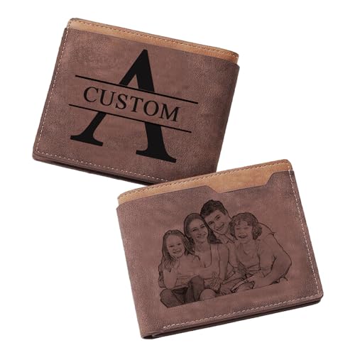 Fathers Day Gift Custom Wallets for Men, Personalized engraved Photo & Name Initials leather Wallets Gifts for Men Dad Husband Boyfriend Son (Dark Brown - 2)