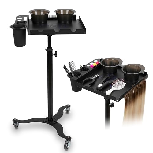 Carrello professionale per parrucchieri – mobile, regolabile in altezza e resistente al calore | Ciotole magnetiche e supporto pettine per extension – Perfetto per saloni e parrucchieri a domicilio
