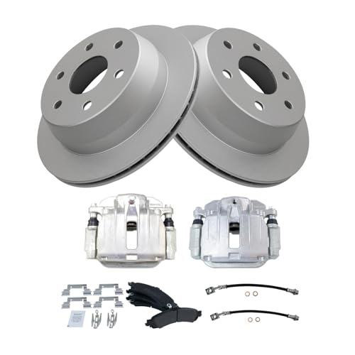 Image of TRQ Rear Brake Pad and Rotor Set Semi Metallic Coated Rotors Calipers Compatible with 2000-2001 Chevrolet Tahoe GMC Yukon