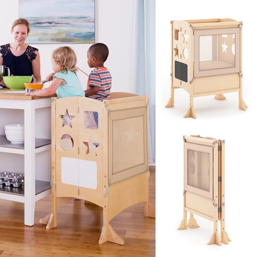 Guidecraft Classic Kitchen Helper® Stool with 2 Keepers - Double Wide: Adjustable Height Step Stool for Kids