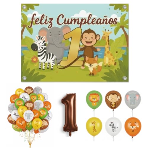 Decoração de aniversário 1 ano animais da floresta, conjunto completo com faixa infantil 110 x 80 cm, 30 balões de animais, balão número 1 castanho e fita, festa de primeiro aniversário