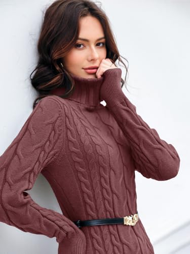 Image of Langwyqu Womens Cable Knit Long Sleeve Turtleneck Bodycon Sweater Dress