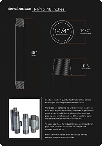 Supply Giant Qdhm1148 Steel, Pre Cut Industrial Pipe Schedule 40 Threaded Fitting 1-1/4'' X 48 In Galvanized #TOP2