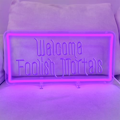 Image of Welcome Foolish Mortals Neon Sign,Dimmable Spooky Gothic Haunted Mansion Coffin LED Neon Signs for Wall Decor,USB Powered Led Neon Light for Halloween Party Haunted House Man Cave Birthday Gifts,40*19.6cm
