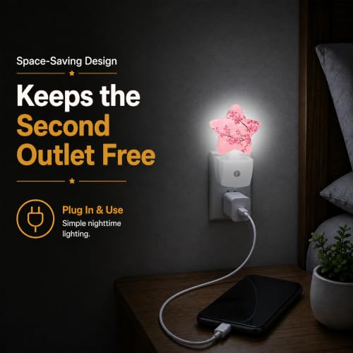 Image of Star Night Light with Dusk to Dawn Sensor, Cherry Blossoms Plug in Night Light for Kids Bedroom Nursery, Soft Warm Glow Lamp for Hallway Bathroom Energy Saving