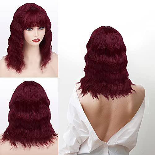 Wine Red Short Wig with Bangs Red Wave Bob Wigs for Women Shoulder Length Synthetic Curly Wig Natural Looking Heat Resistant Wigs for Cosplay Costume Party 14 Inch