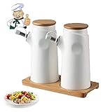 Lata De Aceite Dispensador De Botella De Vinagre De Aceite De Oliva,Botella De Aceite De Cerámica,Botella De Condimento,Aceite De Sésamo,400 Ml 2 Piezas,Con Paleta De Madera,Boquilla De Acero Inoxida