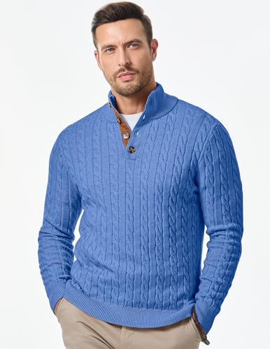 Image of JMIERR Men's Cable Knit Pullover Sweater Casual Long Sleeve Stand Collar Button Knitted Sweaters