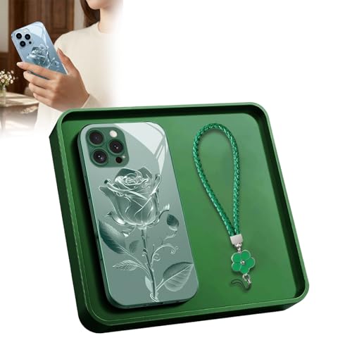 Pink Rose Lanyard Hard Case for iPhone, All-Inclusive Camera Protector Phone Cover, Clear Flower Floral Design Mirror Glass Back