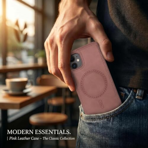 Image of amazon basics Premium PU Leather Case for iPhone 11, MagSafe Compatible Magnetic Ring, Sleek Protective Back Cover - [Pink]