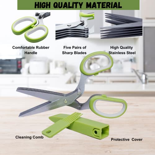 Samaseleza Herb Scissors - Kitchen Shears With Cleaning Steel Comb - Tpr Soft Rubber Handles With Strong Grip - Lightweight Non-Slip 5 Blade Scissors For Chopping Chives Paper & Lettuce Shredder #TOP2