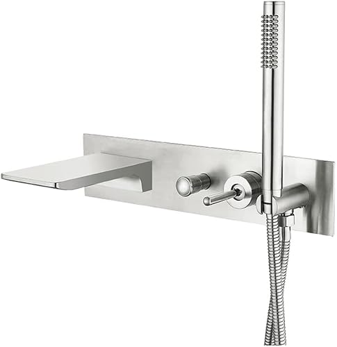 GLJTUO Bathtub Faucet with Shower, Wall Mount Waterfall Spout Tub Faucet Tub Filler, Brushed Bathroom Single Handle Tub Faucet Modern Brass Tub Shower Faucet Set,Brus,Brushed Ni,Brushed Nickel
