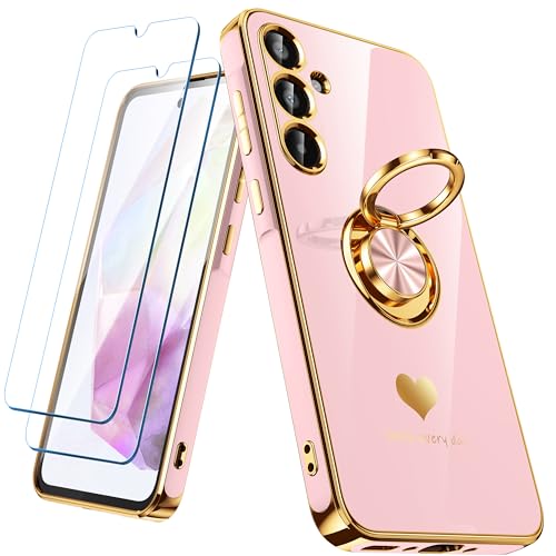 Coque Samsung A35 5G avec 2 verres trempés et anneau rotatif cœurs dorés
