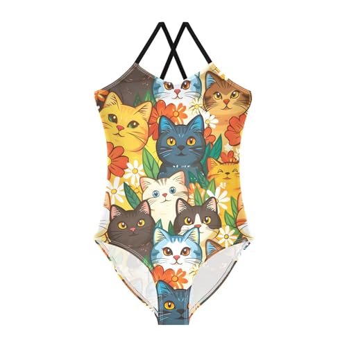 Bolaz Girls Swimsuits One-Piece Bathing Suits Multicolor Kids Sport Summer Beach Swimwear for 3-10 Years Old-Cute Cat Cartoon