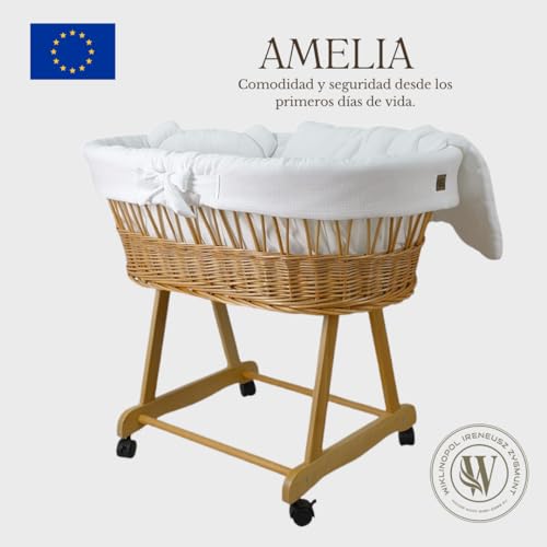 Miniatura 2 de Wiklinopol Amelia Cesta Moisés De Mimbre Con Estructura Y Colchón, Cesta Para Bebé En Color Natural, Juego De Sábanas De Muselina En Color Blanco, Cesta De Mimbre, Portátil, Ideal Para Recién Nacidos