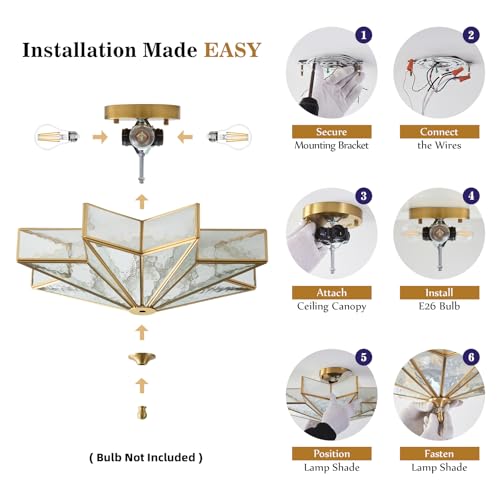 Image of Star Brass Ceiling Light - 19.7 In Large Gold Hammered Glass Flush Mount