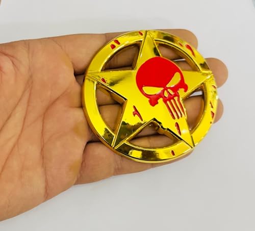 Image of Emblems for Car & Bike Metal Lo.go and Grill Me.tal Lo.go, Auto Accessories for Car Emblem 3D Badge Auto Racing Sport Sticker Grand Tourer Decal. (Round Star Skull Golden Punisher)