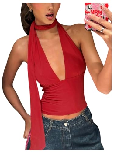 SOLY HUX Sexy Tops for Women Going Out Halter Scarf Crop Top Deep V Sleeveless Backless Vest Party Clubwear Plain Red Small