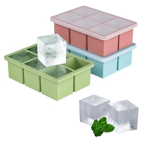 Large Ice Cube Tray for Whiskey 3 Pack, HANCELANT Big Silicone Square Ice Cube Mold with Removable Lid, 2'' Huge Square Ice Cubed Tray for Whisky and Cocktail(Blue+Green+Pink) Cover