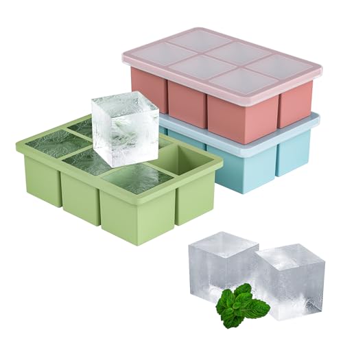 Image of Large Ice Cube Tray for Whiskey 3 Pack, HANCELANT Big Silicone Square Ice Cube Mold with Removable Lid, 2
