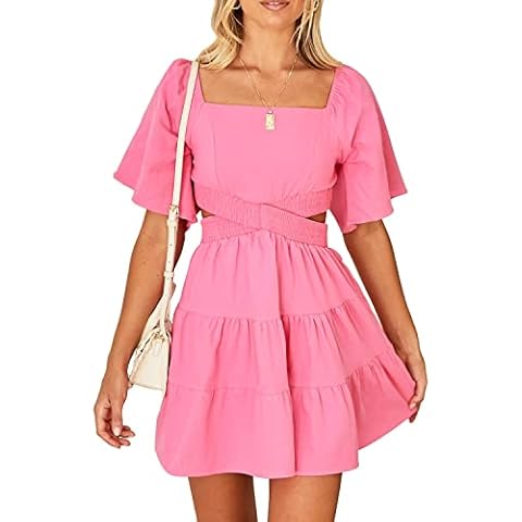 Shy Velvet Women's Summer Dress Square Neck Short Sleeves Crossover Waist Casual Party Mini Dress Pink Cover