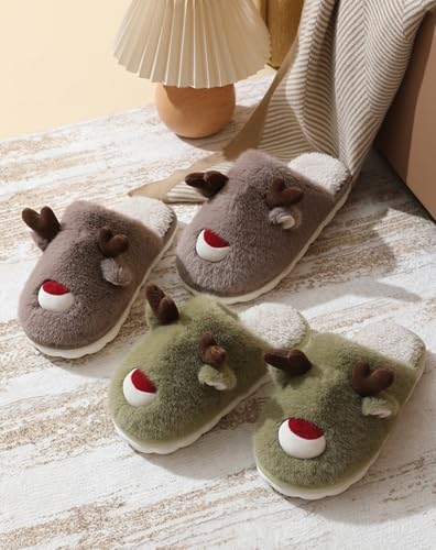 Christmas Reindeer Slippers for Men/Women Soft Cozy Non-Slip Plush Home Warm Slippers Bedroom Fluffy Wool Lined House Shoes3