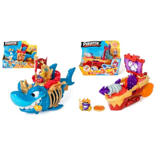 PIRATIX ADVENTURE WORLD King Shark– Tiburón articulado, con una Jaula para capturar a los Piratix & Sea Crusher – Barco Pirata en Forma de Cangrejo. Incluye 1 Barco Pirata
