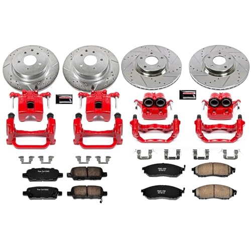 Image of PowerStop Front and Rear Brake & Caliper Kit for INFINITI G35 2005-07 | Nissan 350Z 2006-09 - Carbon-Fiber Ceramic Brake Pads + Drilled & Slotted Rotors + Red Powder Coated Calipers, KC114
