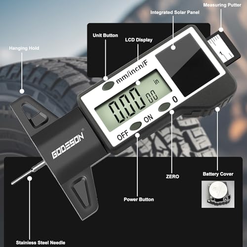 Image of GODESON Digital Tire Tread Depth Gauge -Reads 32NDS, Inch & MM /Solar /Battery Hybrid Power /1 inch (25.4mm) Range /Accurate Tire Thread Depth Gauge Tool Suitable for Cars, Trucks, Motorcycles