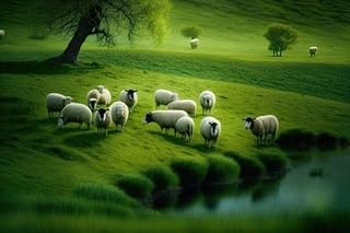 Póster de 140 x 90 cm: ovejas pastando pacíficamente sobre hierba verde en un prado