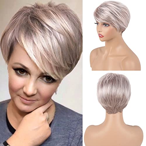 LEOSA Short Pink Pixie Cut Wigs for White Women Light Pink Mixed Blonde Pixie Wigs with Bangs Natural Layered Fluffy Light Pink Wig Synthetic Hair Short Highlight Ash Pink Wigs Platinum Pink