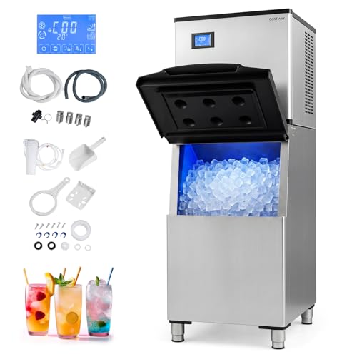 COSTWAY Commercial Ice Maker 450 LBS/24H with 250 LBS Storage Bin, 156PCS Clear Ice Cubes in 11 Mins, Industrial Freestanding Stainless Steel Ice Machine with Auto Self-Cleaning for Restaurant Cafe