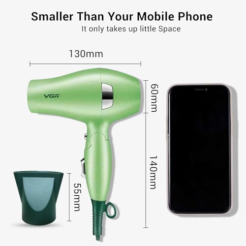 Image of VGR V-432 Foldable Hair Dryer for Women & Men, Overheating Protection Technology,2 Speed settings, Independent Cool Shot, Detachable Nozzles,1.8 m Cable 1000 Watts (Green)