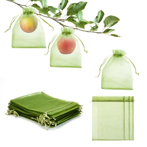 50 PCS 6X9 inches Fruit Protection Bags, Fruit Bags for Fruit Trees, Green Netting Fruit Cover Bags Drawstring Mesh Fruit Protectors Pest Barrier for Fruit Trees Veggies Garden