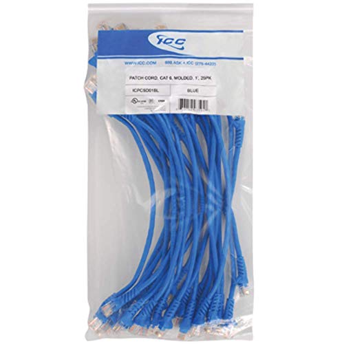 ICC CAT6 Molded Boot Patch Cord, Blue, 1 FT, 25-Pack