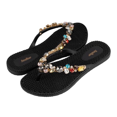 Swalker Woman's Sandal Flip Flop With Rhinestone in Recyclable Rubber Sole, Crystal Thong3