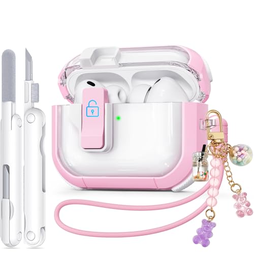 Image of Ekoonpft for AirPods Pro 3 Case with Safety Lock, Clear Case with Cleaner& Keychain Compatible with Apple AirPods Pro 3rd Generation 2025 for Women Girly, Anti-Scratch, Full Protective,Pink
