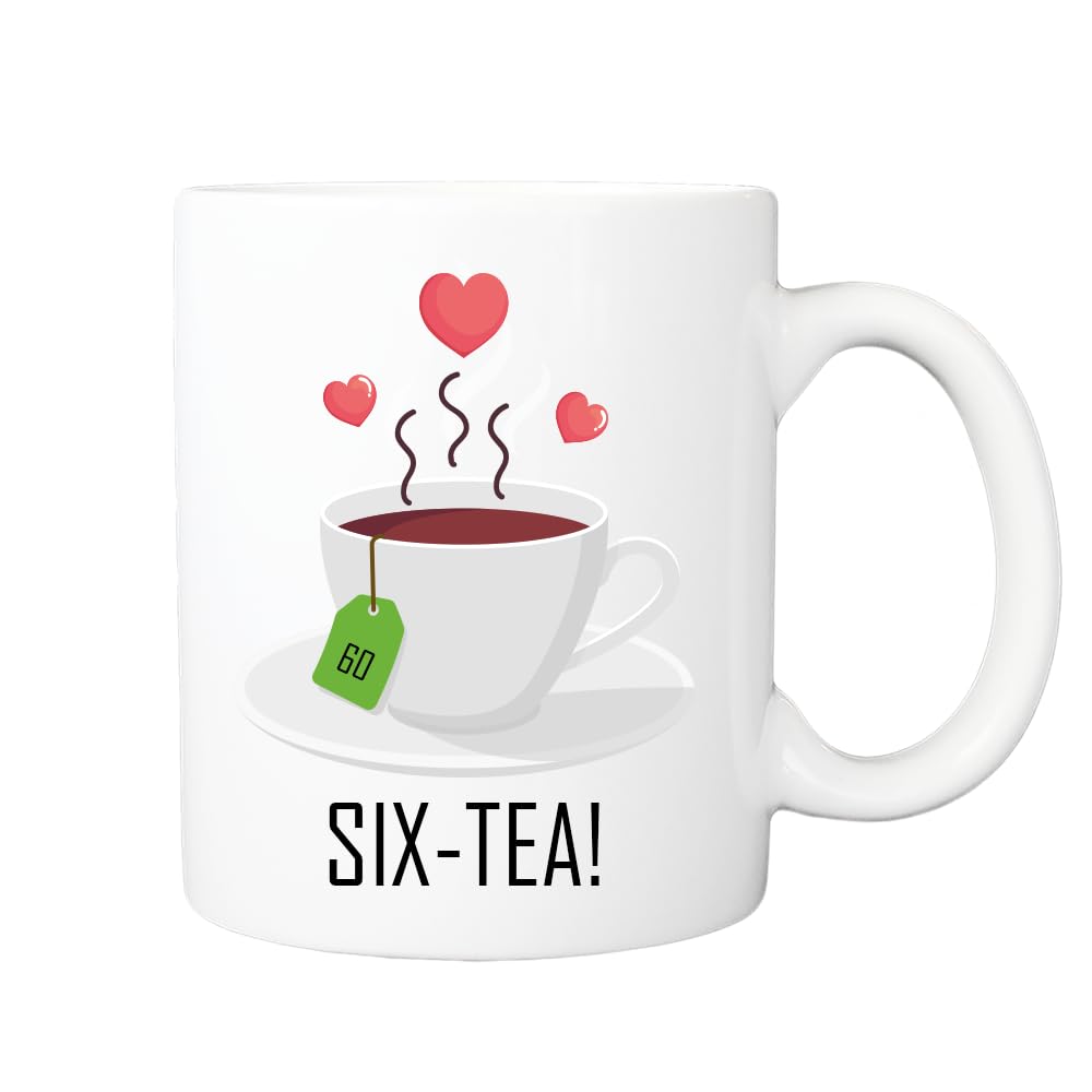 Printed Coffee Mug SIX-Tea Design, Mum 60th Birthday Gifts for Women, Her, Sixtieth Friend, Wife, Grandma, 325ml Cup, Tea Lover Gift