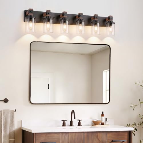 6-Light Farmhouse Bathroom Vanity Light Fixtures, Rustic Wood Over Mirror by Fybroglin - Used condition - Image 2