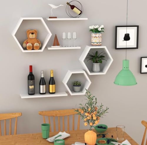 Image of Hexagon Wall Shelves Set of 6 | Wooden Floating Wall Shelf for Home Decor | Honeycomb Design Wall Rack for Living Room, Bedroom & Office (White)