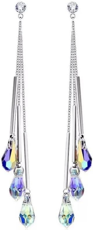 Savlano 14k White Gold Plated Aurora Borealis Drop Tear Cut Austrian Rainbow Multicolor Crystal Tear Drop Cut Stud Dangle Earrings For Women - Image 2