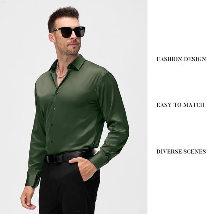 Image of CB-COLEBROOK Mens Stylish Solid Silk Satin Casual Dress Shirts for Men Shiny Long Sleeve Button Down Shirt Party Prom Wedding Shirt for Mens