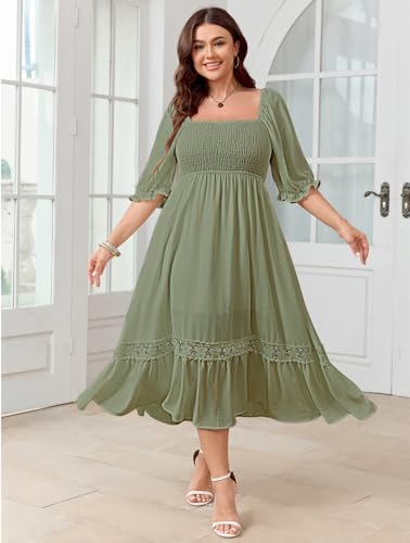 Image of SCOMCHIC Women's Plus Size Boho Maxi Dress Short Sleeve Square Neck Smocked Flowy A-Line Lace Trim Wedding Guest Dresses